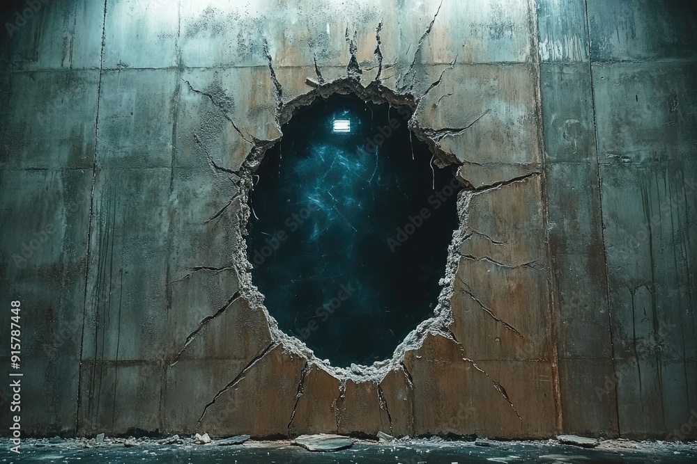 Canvas Prints A large hole in a concrete wall reveals a dark, mysterious abyss.