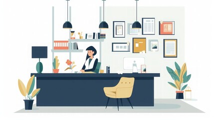 Fototapeta premium Modern Office Interior Design: Woman Working at Desk