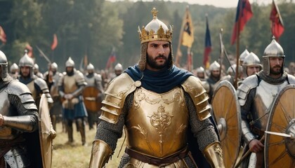 King in Armor Leads Army in Medieval Battle