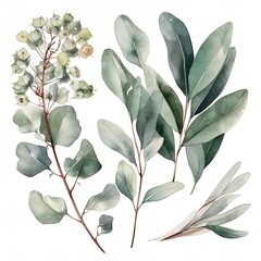 Watercolor illustration of delicate green leaves and branches.