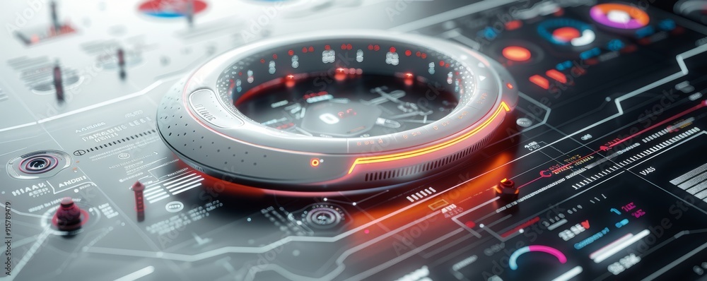Poster futuristic user interface with circular control panel and digital display