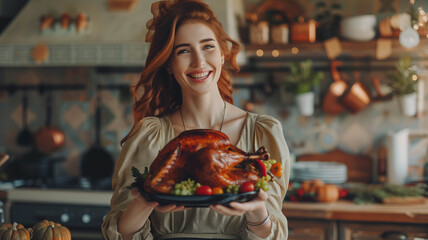 Fototapeta premium A joyful woman holding a roasted turkey in a rustic kitchen setting