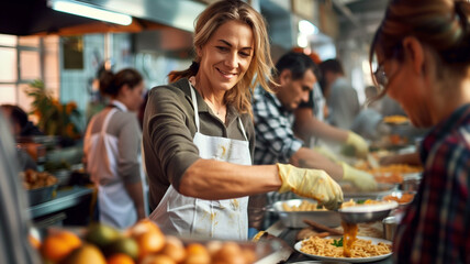 A compassionate volunteer, wearing an apron and gloves, serving hot meals to a diverse group of people at a bustling soup kitchen