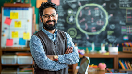 A confident Indian teacher standing in front of a chalkboard in a classroom