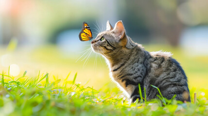 A cute tabby cat sitting on a grassy lawn, looking curiously at a butterfly perched on its nose