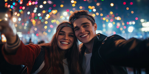 Young couple taking selfie at night outdoor music festival