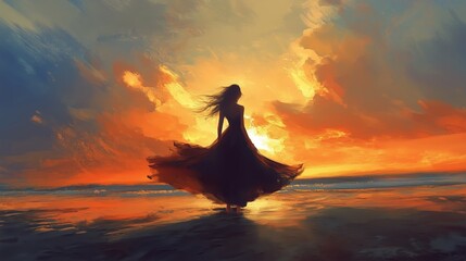 A woman in a flowing dress dances gracefully by the ocean during a vibrant sunset on the beach
