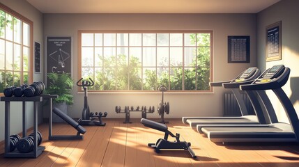 A fitness room in a home setting, with a treadmill, a stationary bike, and a set of dumbbells, perfect for a personal workout space.