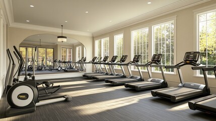 A fitness room with a focus on cardio equipment, showcasing treadmills, stationary bikes, and rowing machines, all facing a large mirror.