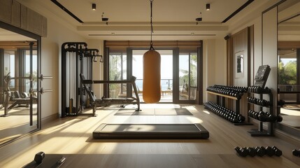 Fototapeta premium A fitness room with a mixture of modern and traditional workout equipment, including a punching bag, dumbbells, and a treadmill, creating a versatile exercise space.