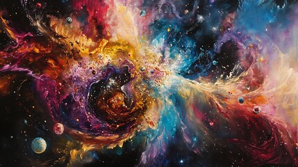 Cosmic Nebula with Swirling Colors and Scattered Planets