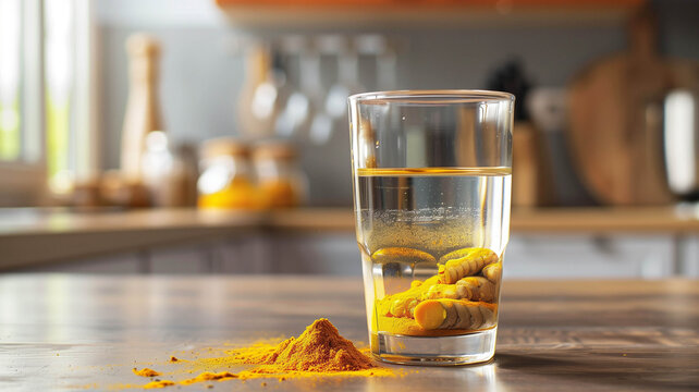A glass of water with turmeric inside and a small pile of turmeric outside, set on a wooden kitchen table