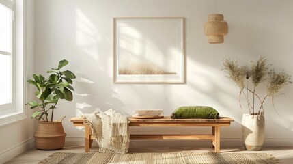 Cozy spring living room decor with mock-up poster, wooden bench, green stands, stylish lamp, beige bowl, plant, and personal items.