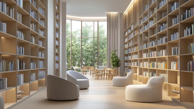 A modern library with sleek, minimalist shelves, a comfortable seating area, and a variety of books and digital resources available for visitors.
