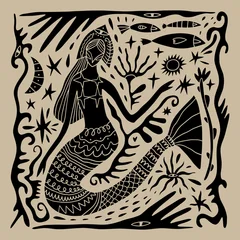 Cartoon linocut vintage ethnic mermaid princess, boho character mascot groovy whimsical flat art. Doodle stellar celestial details. Hand-drawn mystical bohemian composition. Mythology totem concept