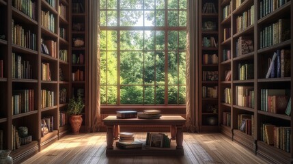 Fototapeta premium A quiet and cozy library room with shelves full of books, a wooden table in the center, and a soft light filtering through a large window.