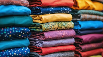 A stack of colorful t-shirts neatly folded on a shelf, showcasing a variety of vibrant hues and patterns.