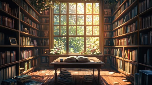 A quiet and cozy library room with shelves full of books, a wooden table in the center, and a soft light filtering through a large window.