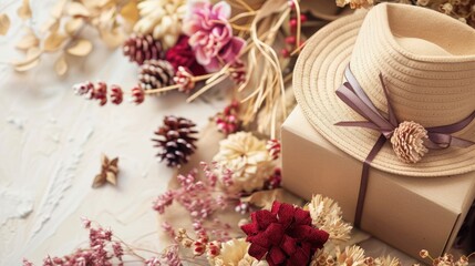 Fototapeta premium Dry flowers with Christmas and New Year's hats, gift box, copy space.