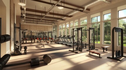 A spacious fitness room with a focus on strength training, featuring barbells, squat racks, and benches, with a dedicated area for stretching.