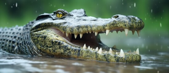 Obraz premium Close-up of a Caiman with its Mouth Open in Water