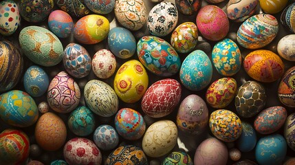Collection of Decorated Easter Eggs with Various Patterns and Colors