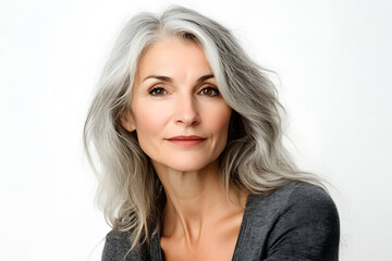 Fototapeta premium Beautiful Mature European woman close up portrait. Beautiful gorgeous 40-50s mid aged mature lady looking at camera isolated on white.