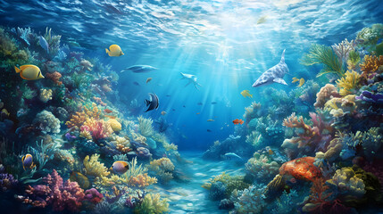 Fototapeta premium a serene, hyper-realistic underwater scene showcasing a vibrant coral reef teeming with exotic fish and marine life. Include intricate details and a sense of depth