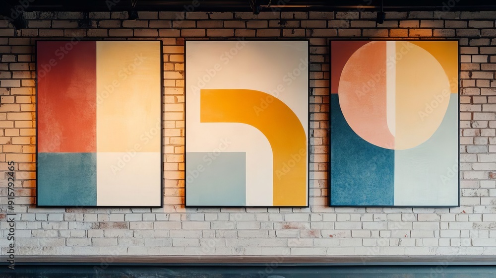 Poster harmonious geometry a trio of abstract paintings uniting shapes colors and themes for contemporary g