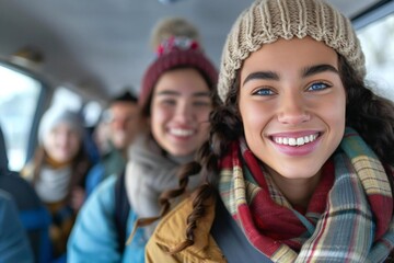 Beautiful group of friends smiling and having fun in a carpool ride.