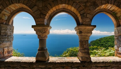 Medieval stone arch windows with a romantic view of the summer sea