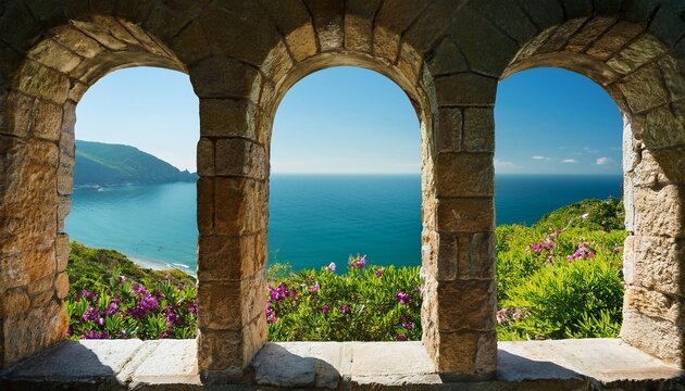 Medieval stone arch windows with a romantic view of the summer sea