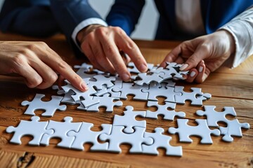 Beautiful businesspeople collaborating to solve a white jigsaw puzzle together on a wooden desk in the office.