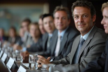Beautiful male manager sitting with his colleagues giving a presentation in a meeting at the office.