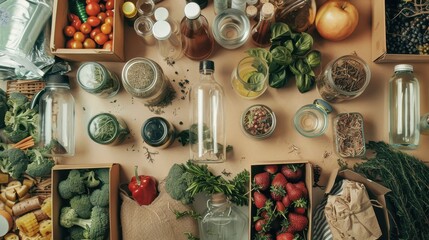 Variety of food items and condiments, including vegetables, fruits, herbs, and spices
