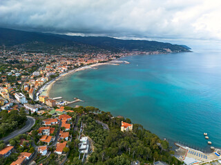 Drone Aerial View of Diano Marina, Liguria Coastline Italy