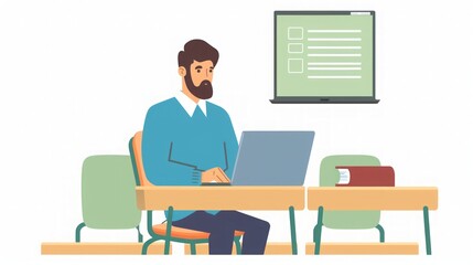 Man Working on Laptop in a Classroom Setting