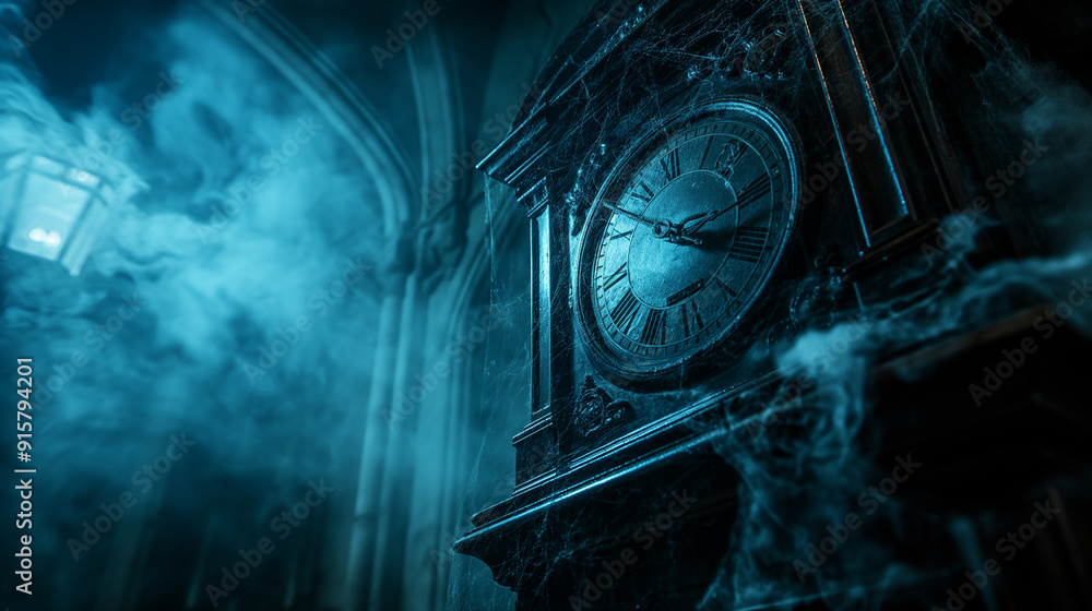 Poster antique clock in a mysterious foggy room with cobwebs and intricate details