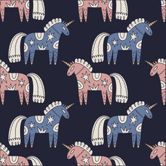 Scandinavian ornamental ethnic style unicorn folk art seamless pattern. Modern boho tribal fairytale and patterned woodland horse illustration. Inspired by northern mythology folklore drawing. Doodle © Knstart Studio
