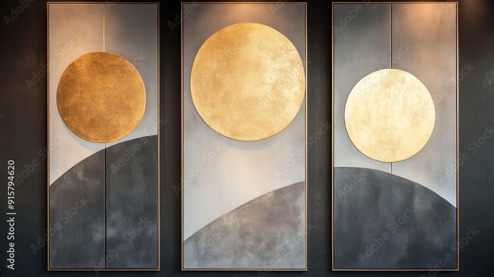 Poster trio of geometric harmony a captivating triptych of interconnected panels featuring unique abstract 