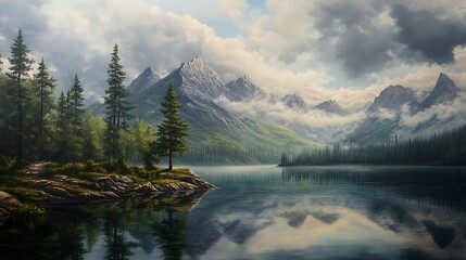 Tranquil Mountain Lake with Foggy Peaks and Tall Pines