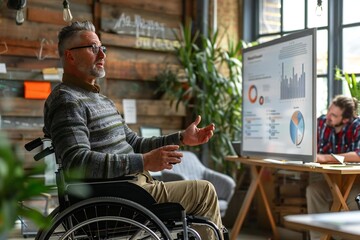 Beautiful disabled mature businessman giving a presentation to his diverse and supportive colleagues in a wheelchair-accessible office.