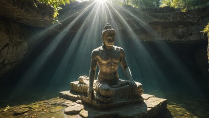 Underwater Mystique Sunlit Beams on Ancient Stone Statue
