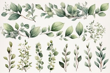 Watercolor illustration of green leaves on branches.