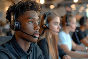 diverse and beautiful team of young customer service executives, including African American man and woman, are working in a corporate call center office wearing headsets and using earphones.