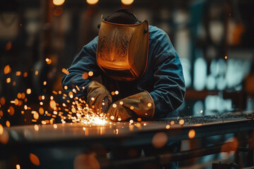 Professional welder working on metal welding in protective mask producing hot sparks. Generative AI.