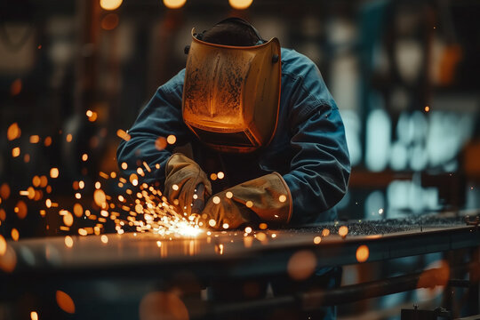 Professional welder working on metal welding in protective mask producing hot sparks. Generative AI. - Powered by Adobe