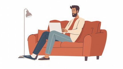 Man Working on Laptop in Living Room Illustration