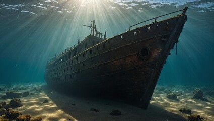 Fototapeta premium Underwater Mystery Sunlit Beams Through Shipwreck Shadows
