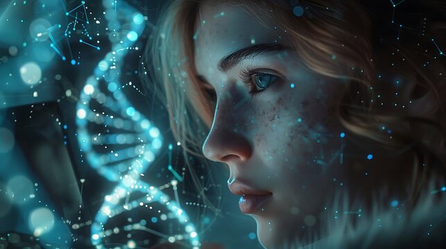 A geneticist using precision CRISPR tools for gene editing, focused and meticulous, in a futuristic lab. High-tech environment with digital displays, DNA graphics, and advanced tools.